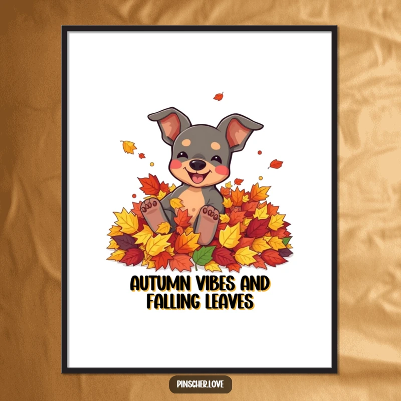 Funny Free Printable Wall Art of a pinscher joyfully rolling in a pile of colorful autumn leaves, bringing seasonal fun to your decor.