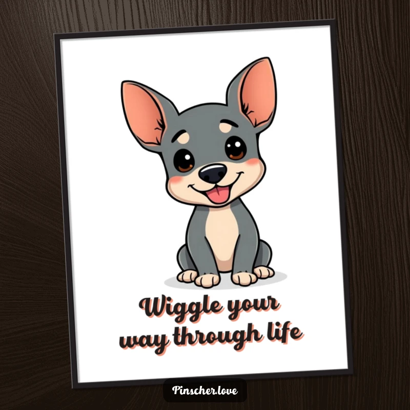 Funny Free Printable Wall Art of a pinscher with a wagging stump doing a comical, infectious happy wiggle, radiating pure delight.