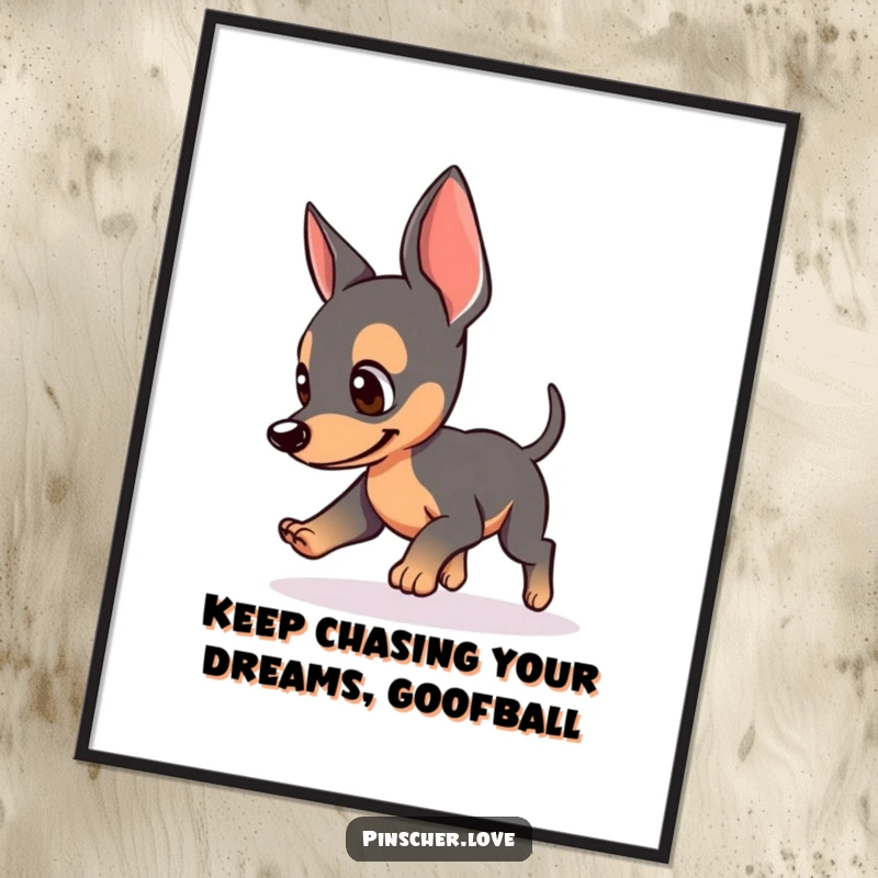 Funny Free Printable Wall Art of a pinscher with perked ears, caught in a hilarious, playful loop chasing its own tail.