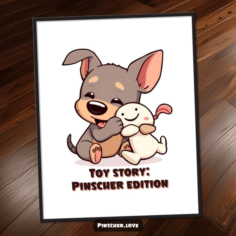 Funny Free Printable Wall Art: Pinscher dog wrestling a squeaky toy with enthusiastic joy.