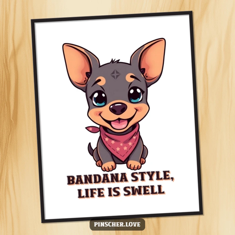 Funny free printable wall art: Pinscher with a playful grin, wearing a tiny bandana, exuding cool vibes.