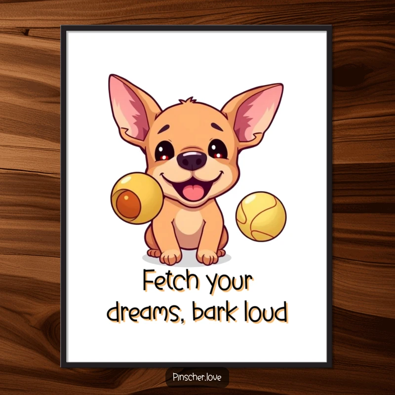 Funny free printable wall art: Energetic Pinscher with perked ears, excitedly barking at a bouncing ball.