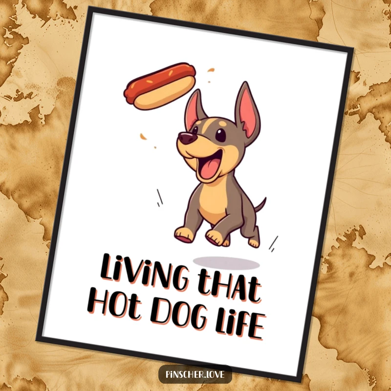 Funny Free Printable Wall Art: A pinscher cartoon character yipping excitedly while leaping for a flying hotdog.