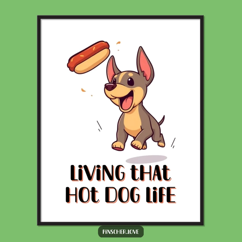 Free Printable Wall Art: Funny Pinscher Chasing Hotdog Hilarious Dog Downloadable Decor