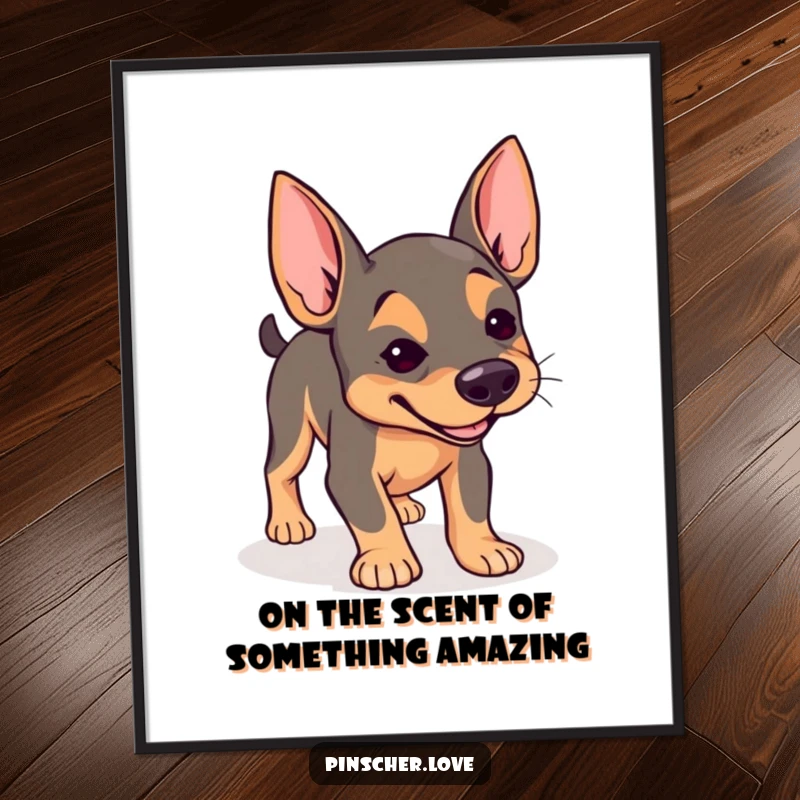 Funny Free Printable Wall Art showcasing a pinscher with a determined expression joyfully sniffing the ground.