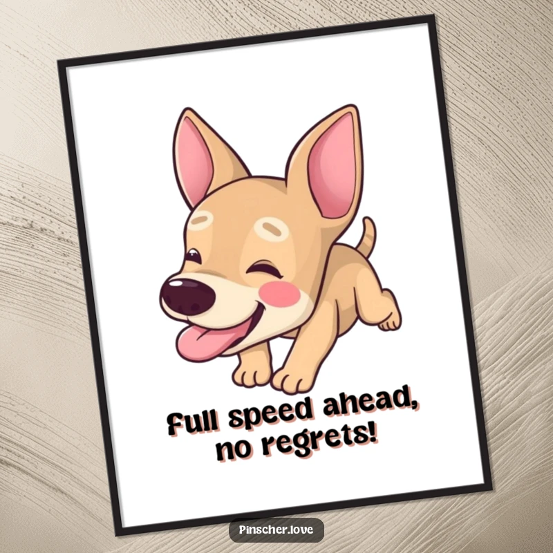 Funny Free Printable Wall Art depicting a pinscher character tumbling uncontrollably with its tongue hanging out.