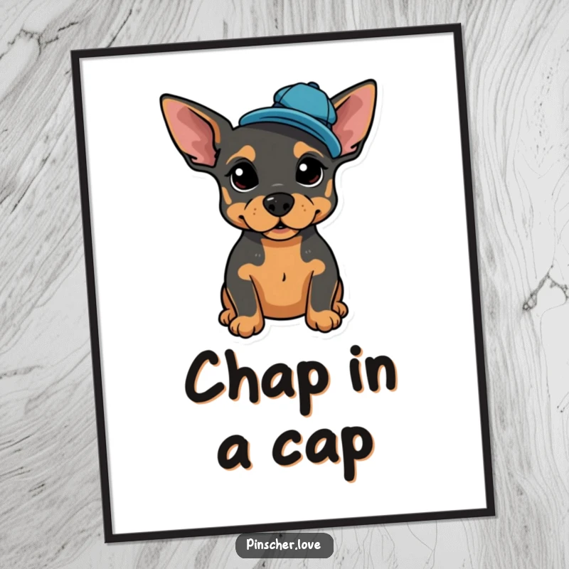 Funny Free Printable Wall Art: A proud pinscher dog wearing a small, jaunty cap tilted to the side.