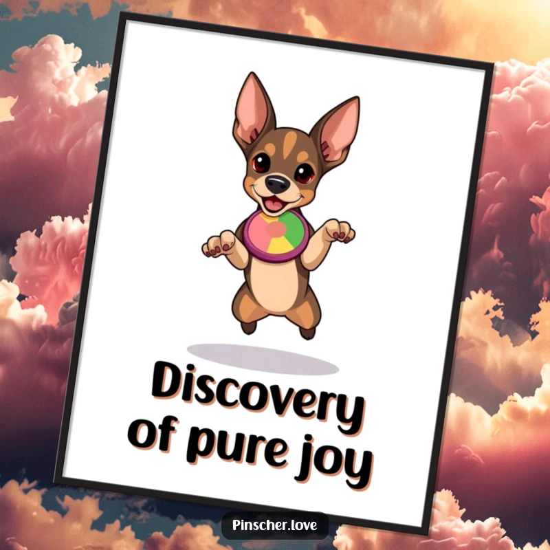 Funny Free Printable Wall Art, determined Pinscher dog in mid-leap, chasing a colorful flying disc, capturing dynamic action and fun.