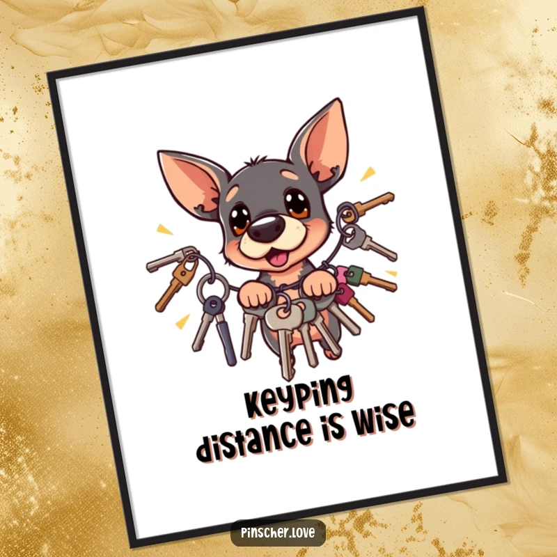 Funny Free Printable Wall Art: A surprised pinscher character dramatically leaps back from a collection of vigorously jingling keys.