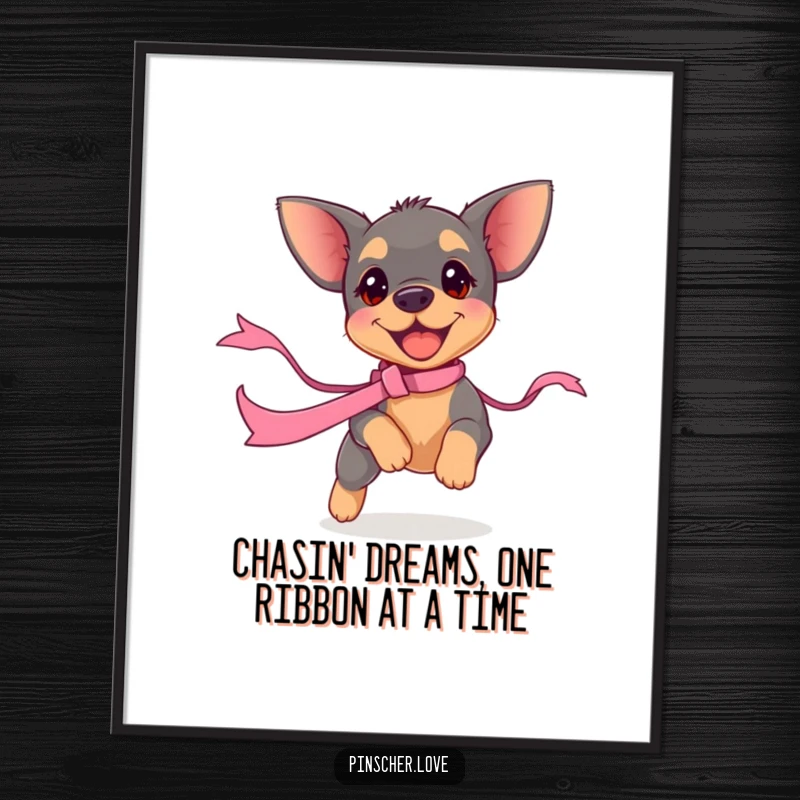 Funny Free Printable Wall Art: A tiny pinscher puppy in mid-chase, eyes locked on a fluttering, colorful ribbon.