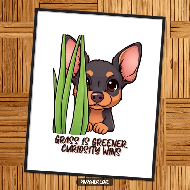 Funny Free Printable Wall Art: A cute pinscher with a curious expression peeking with mischief from behind a tall grass blade.
