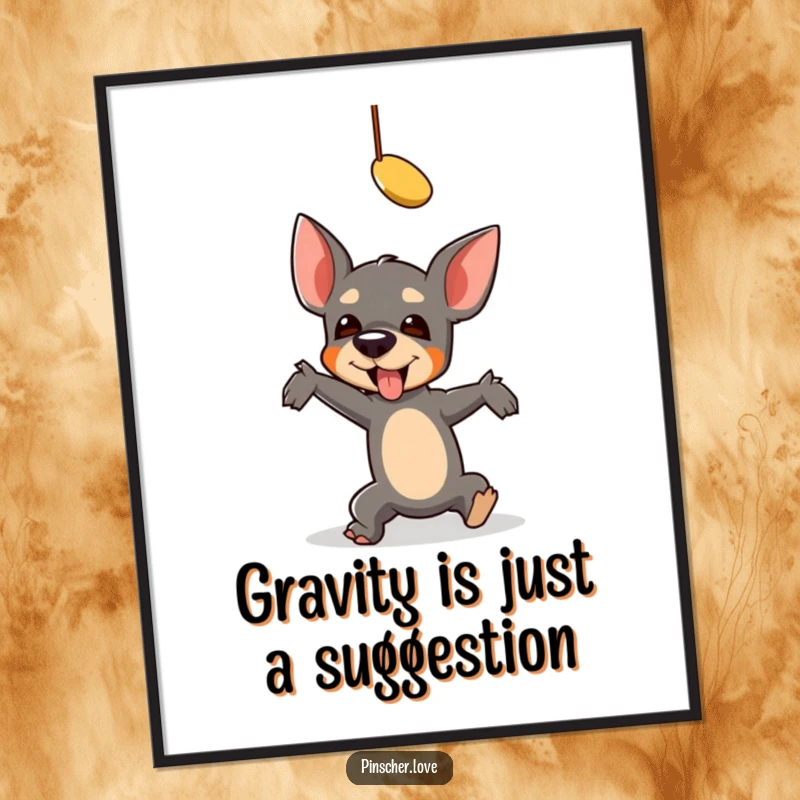 Funny Free Printable Wall Art: A pinscher character comically tumbles while hilariously reaching for a dangling toy. Playful dog art.