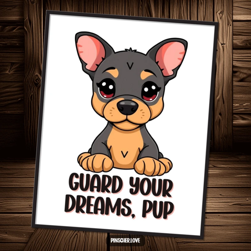 Funny Free Printable Wall Art: An alert Pinscher dog fiercely guarding a small plush toy.