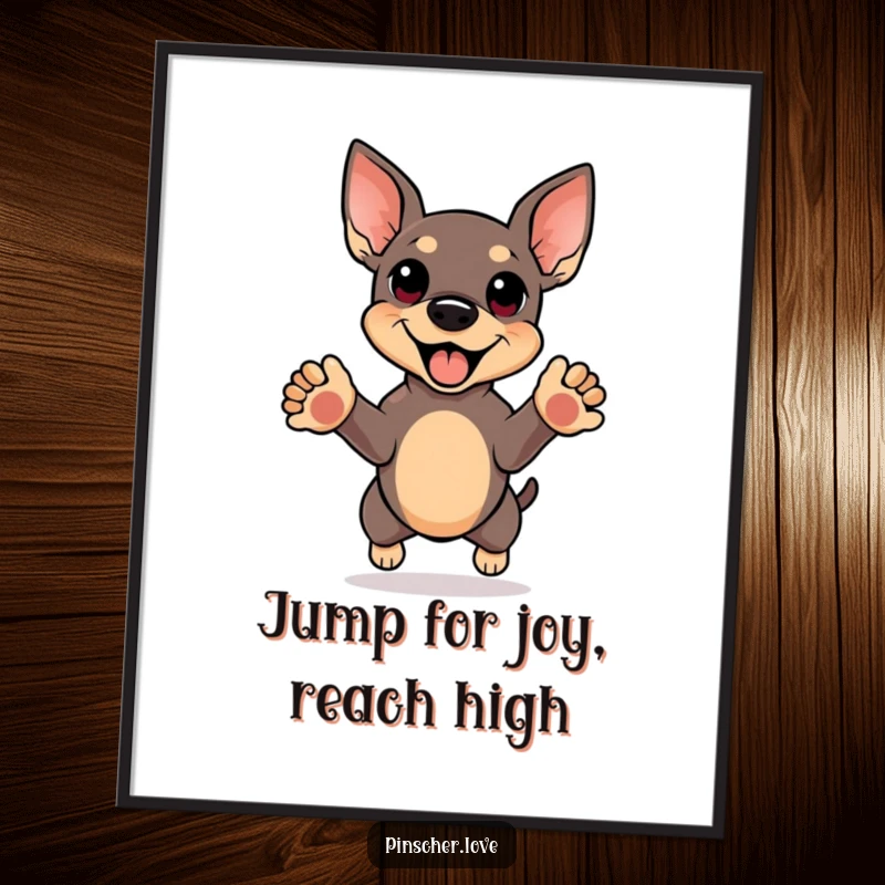 Funny free printable wall art: Pinscher doing a happy jump, front paws reaching upwards with joy.