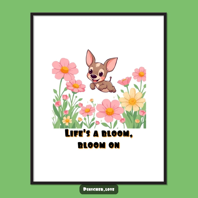 Free Printable Pinscher Wall Art: Funny Dog Leaping Flowers Downloadable Art