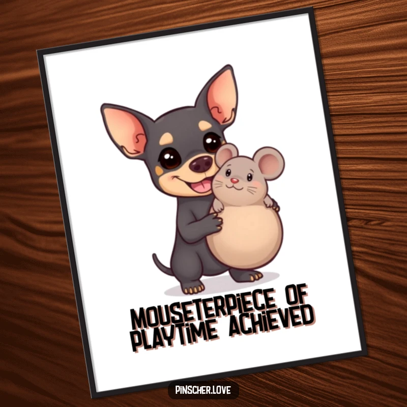 Funny Free Printable Wall Art, cheerful Pinscher dog proudly displaying a comically large squeaky toy mouse, humorous decor.