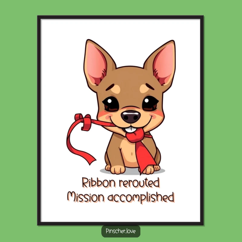 Funny Free Printable Wall Art: Mischievous Pinscher Grabbing Red Ribbon, Playful Decor