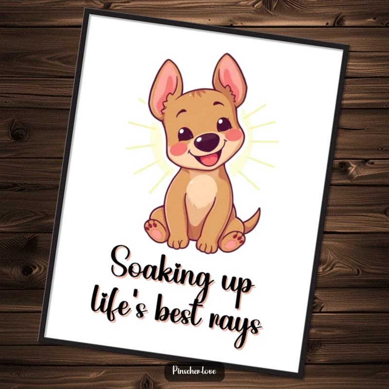 Funny Free Printable Wall Art: A pinscher dog with a happy bark rolling contentedly in a bright, warm sunbeam.