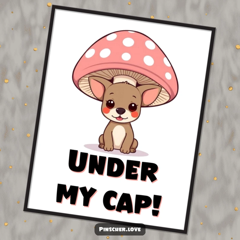 Funny Free Printable Wall Art: A mischievous pinscher dog peeking out from under a large, colorful polka-dotted mushroom.