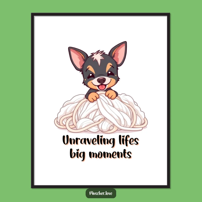 Free Printable Wall Art: Funny Pinscher Yarn Digging - Downloadable Quirky Decor Gift