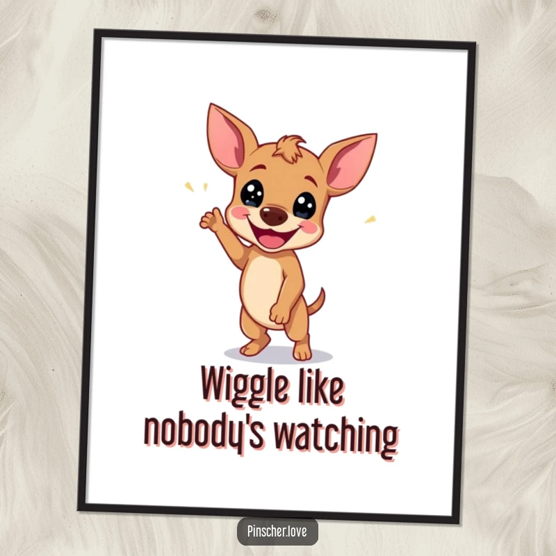Funny Free Printable Wall Art: Pinscher dog in a happy wiggle dance, radiating pure, contagious joy.