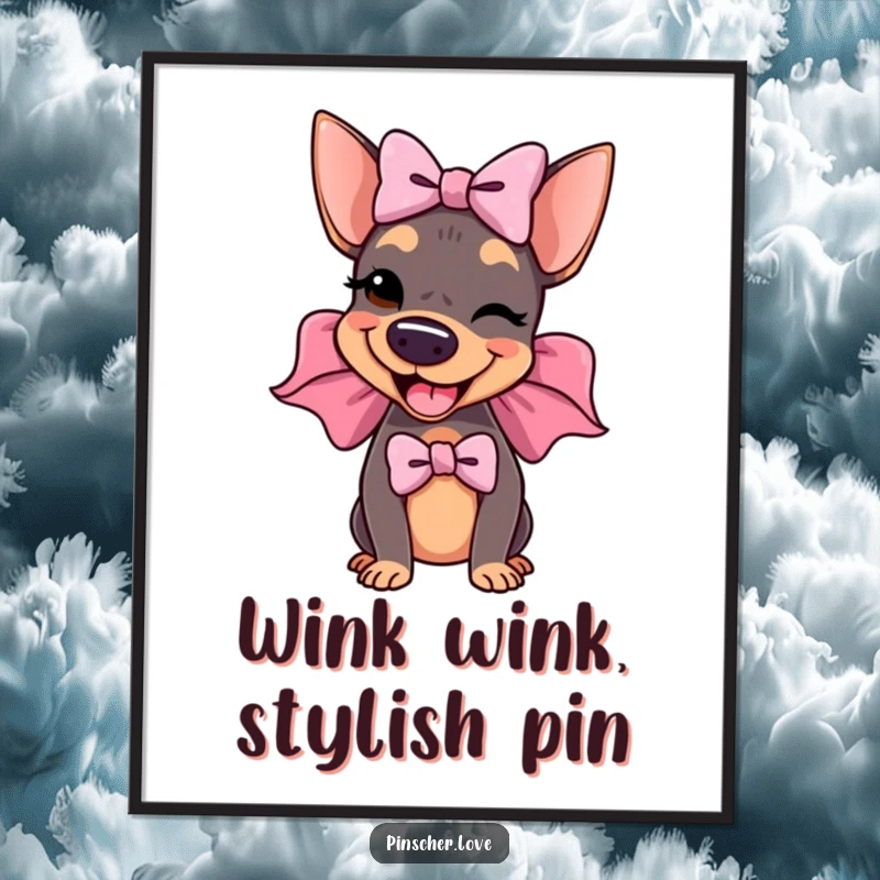 Funny Free Printable Wall Art: A delighted pinscher dog wearing a giant, floppy bow and winking, a stylish addition.