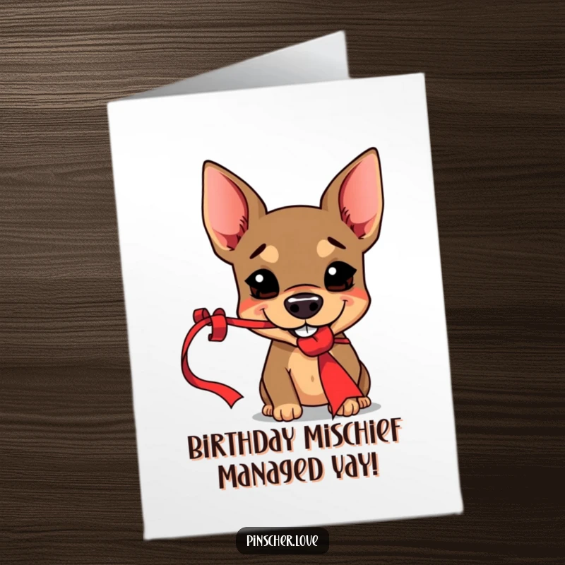 Free Printable Birthday Card, mischievous Pinscher dog with a grin, playfully grabbing a dangling red ribbon, caught in the act.