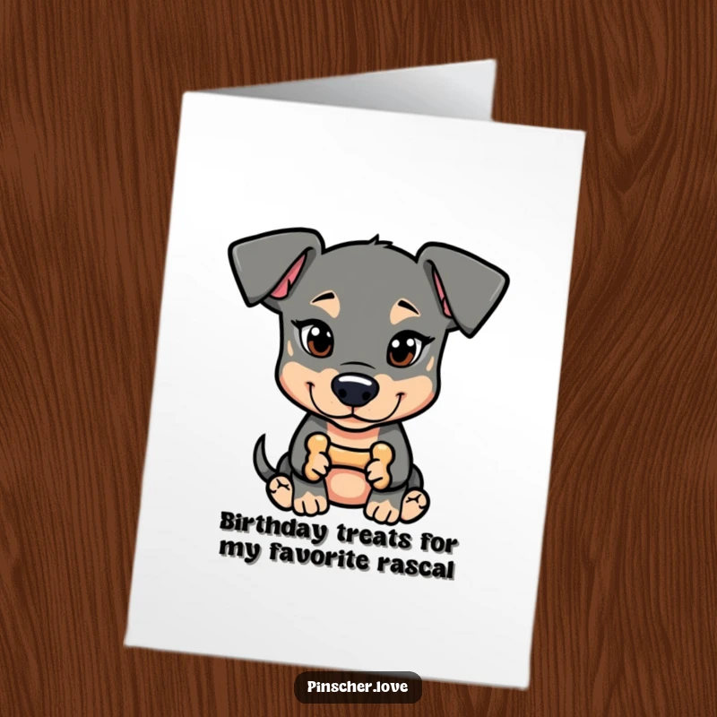 Funny Free Printable Birthday Card: Pinscher dog with mischievous glint, holding a tiny bone, ready for fun.