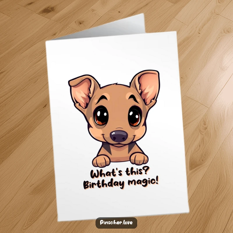 Free Printable Birthday Card, Pinscher dog with wide curious eyes, head tilted, playful glint, asking a funny question.