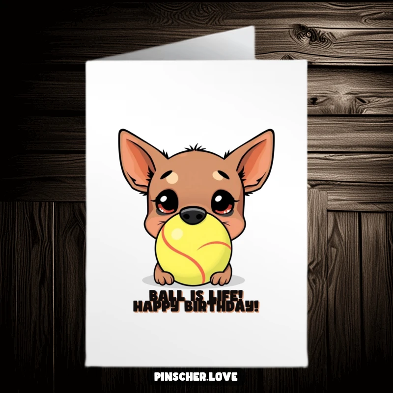 Funny Free Printable Birthday Card: Pinscher dog burying nose in a comically large tennis ball, ready for laughs.
