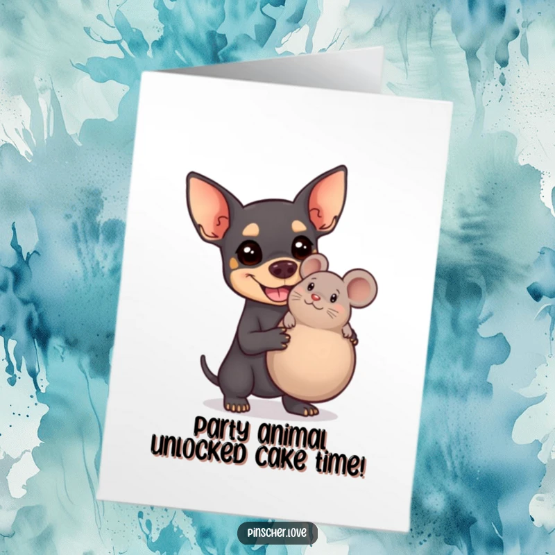 Funny Free Printable Birthday Card, smiling Pinscher dog proudly holding a giant squeaky toy mouse, joyful and humorous.