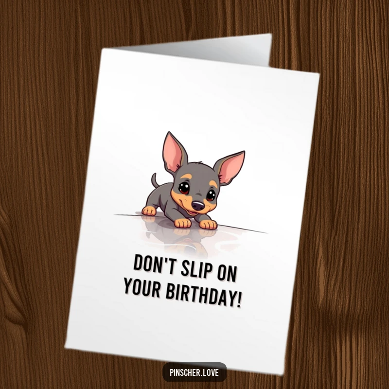 Funny Free Printable Birthday Card: A Pinscher comically slips on a shiny floor, mid-fall with a surprised look.