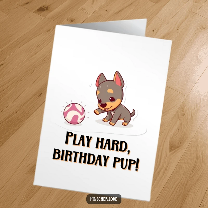 Funny Free Printable Birthday Card: Mischievous pinscher dog playfully nudging a bouncing, crinkly ball, captured in a moment of fun.