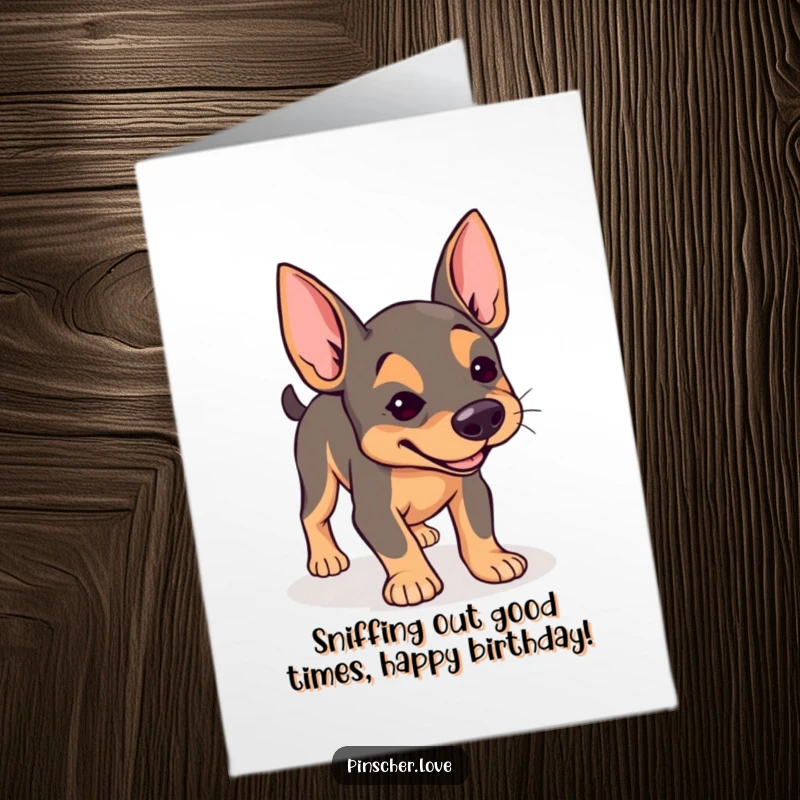 Funny Free Printable Birthday Card showing a pinscher with a determined expression joyfully sniffing the ground.