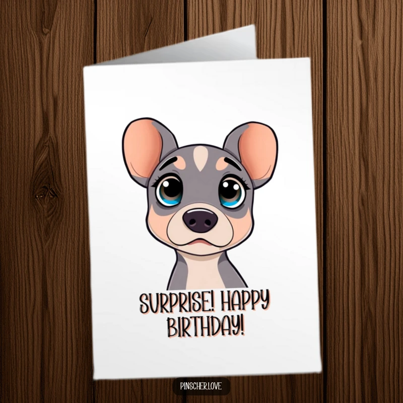 Funny Free Printable Birthday Card: A surprised pinscher with wide, curious eyes reacts to birthday festivities.