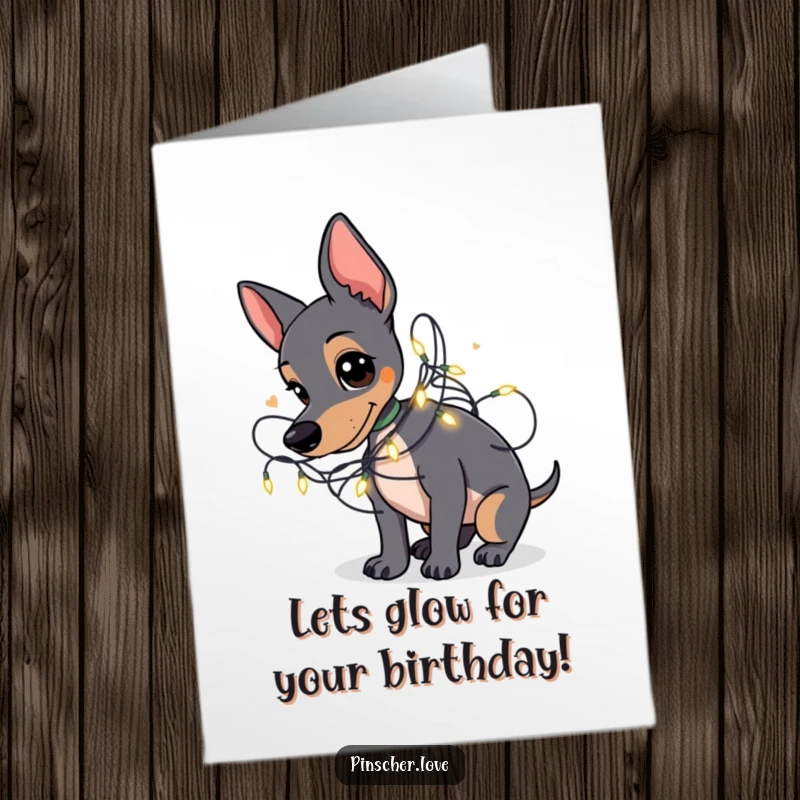 Funny Free Printable Birthday Card: A playful Pinscher joyfully entangled in a string of glowing fairy lights, looking festive.