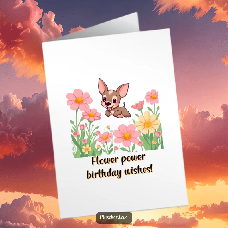 Funny Free Printable Birthday Card: Pinscher dog joyfully leaping through a field of giant, colorful flowers, spreading cheer.