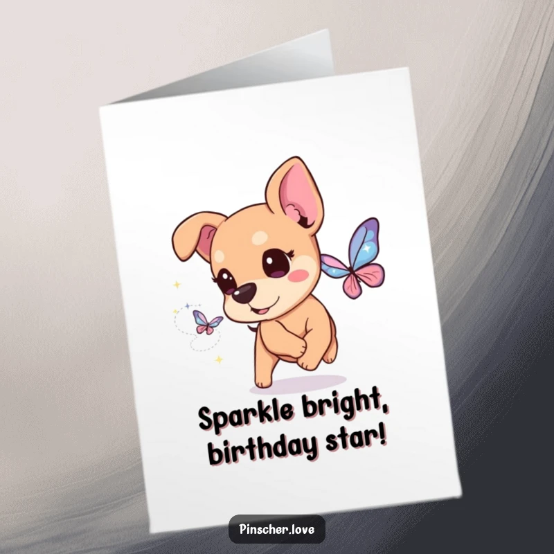 Funny Free Printable Birthday Card: Pinscher dog with excited eyes chasing a shimmering butterfly made of pure sparkles.