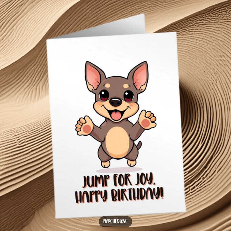 Funny free printable birthday card: Pinscher doing a happy jump, front paws reaching up in excitement.