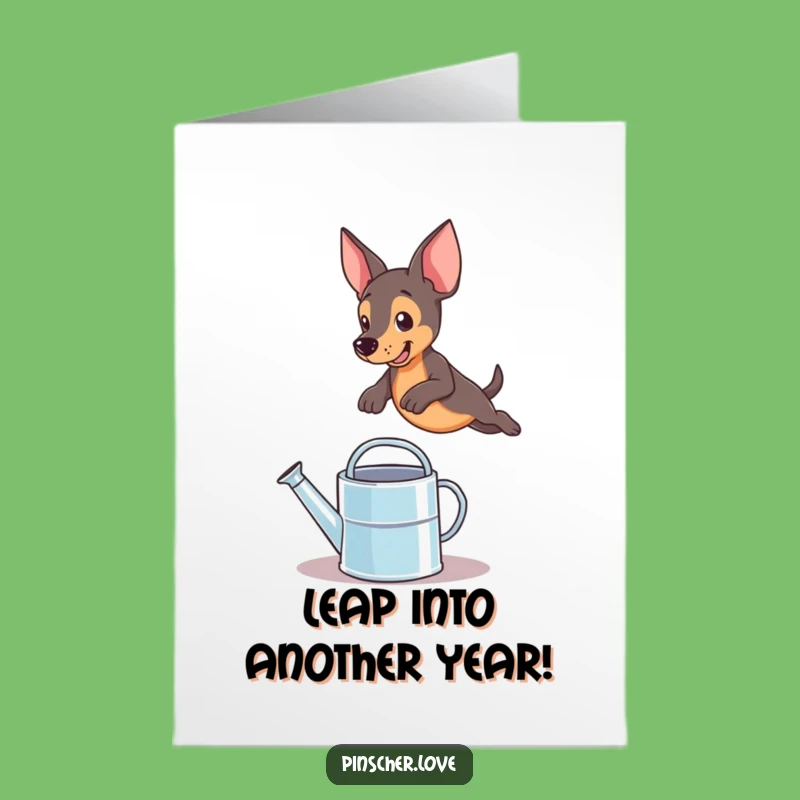 Free Printable Birthday Card: Funny Pinscher Dog Leaping - Hilarious Downloadable Gift!