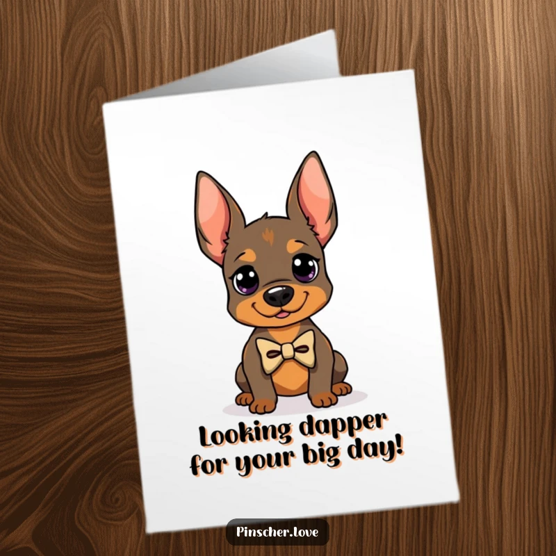 Funny Free Printable Birthday Card featuring a cute pinscher wearing a tiny bowtie, striking a proud and sophisticated pose.