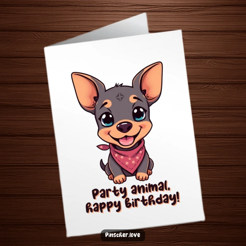 Funny free printable birthday card: Playful Pinscher with a grin, sporting a tiny, cool bandana.