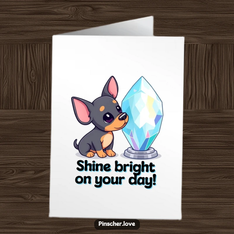 Funny free printable birthday card: a small pinscher tilts its head curiously at a large, dazzling, sparkling gemstone.