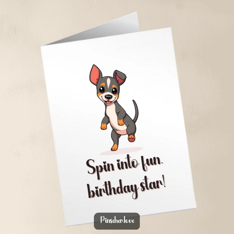 Funny Free Printable Birthday Card featuring a joyful Pinscher doing a silly spin, tail wagging with excitement. Perfect downloadable gift.