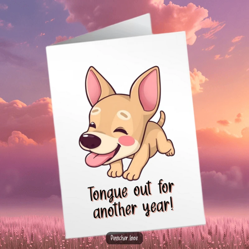 Funny Free Printable Birthday Card featuring a pinscher character tumbling forward with its tongue hanging out, full of glee.