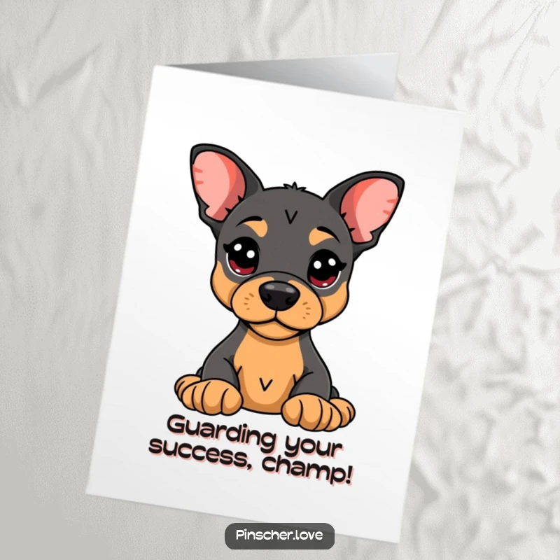 Funny Free Printable Congratulations Card: Vigilant Pinscher dog protecting a stuffed toy with all its might.