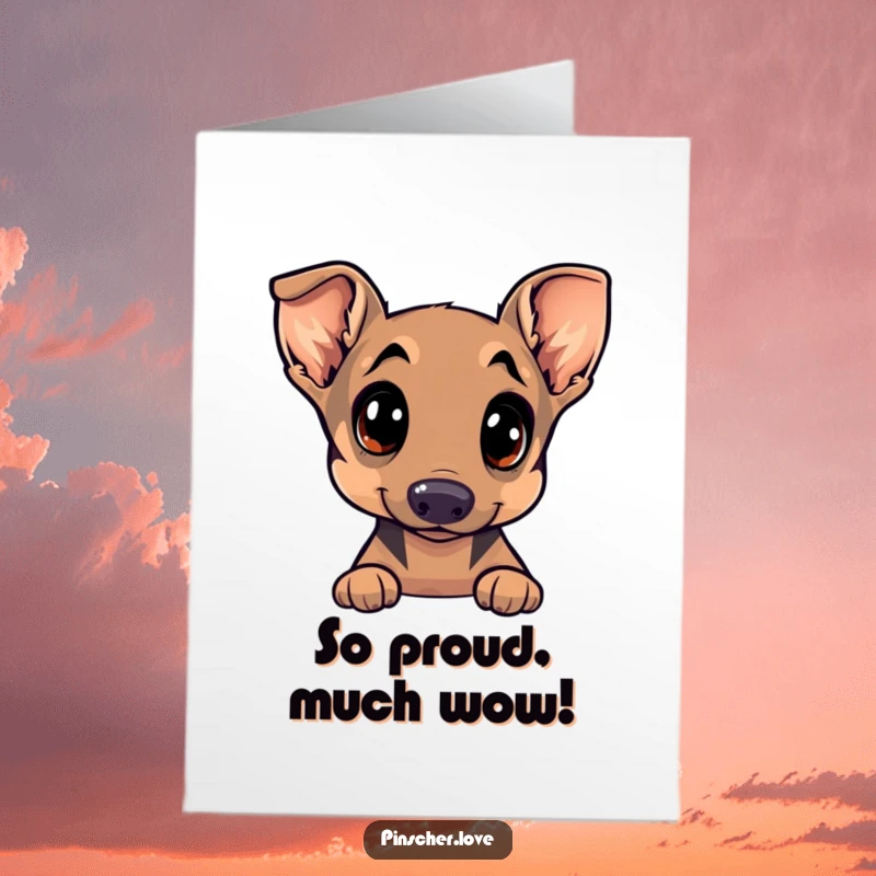 Free Printable Congratulations Card, sweet Pinscher dog with inquisitive eyes, head cocked, a hint of mischief.