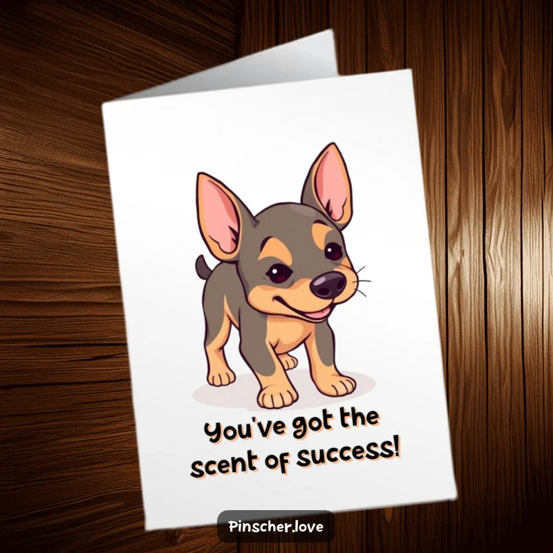 Funny Free Printable Congratulations Card featuring a pinscher joyfully sniffing the ground with a determined expression.