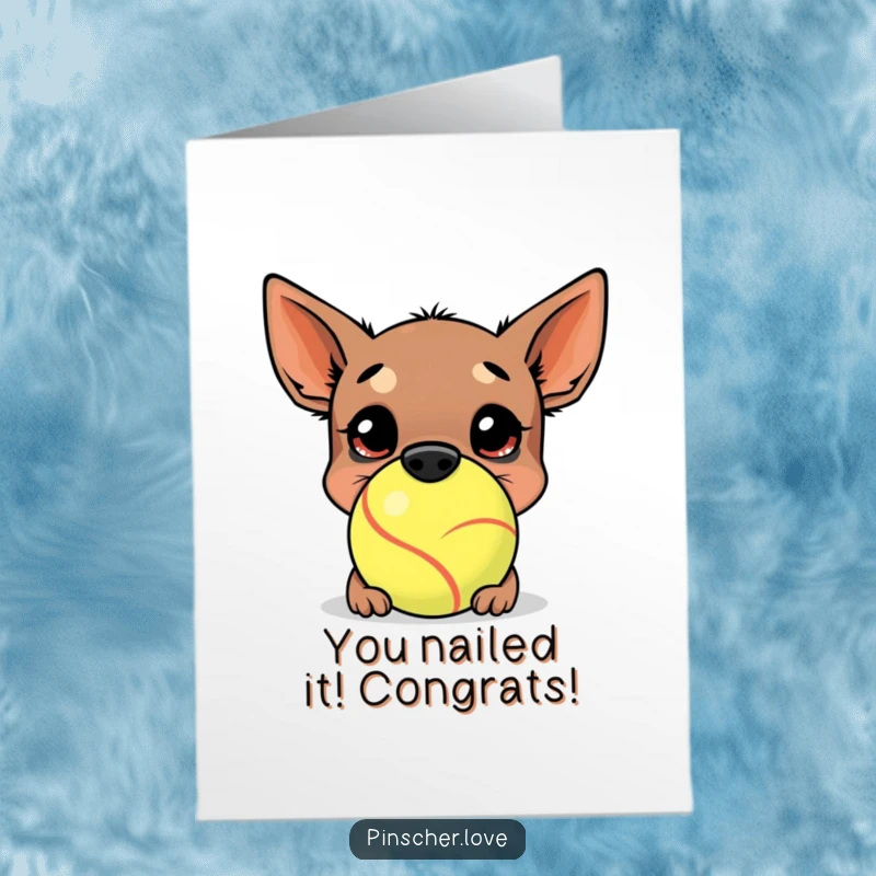 Funny Free Printable Congrats Card: Pinscher dog humorously overwhelmed by a comically large tennis ball, perfect for congratulations.