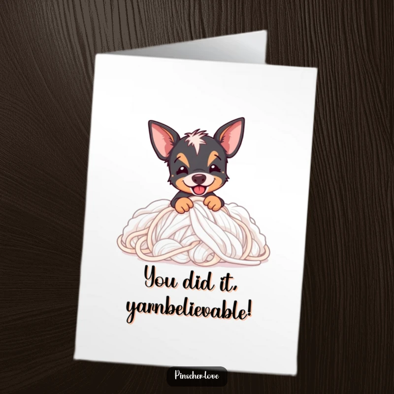 Funny Free Printable Congratulations Card: Energetic Pinscher gleefully digging through a huge pile of soft yarn, celebrating success.